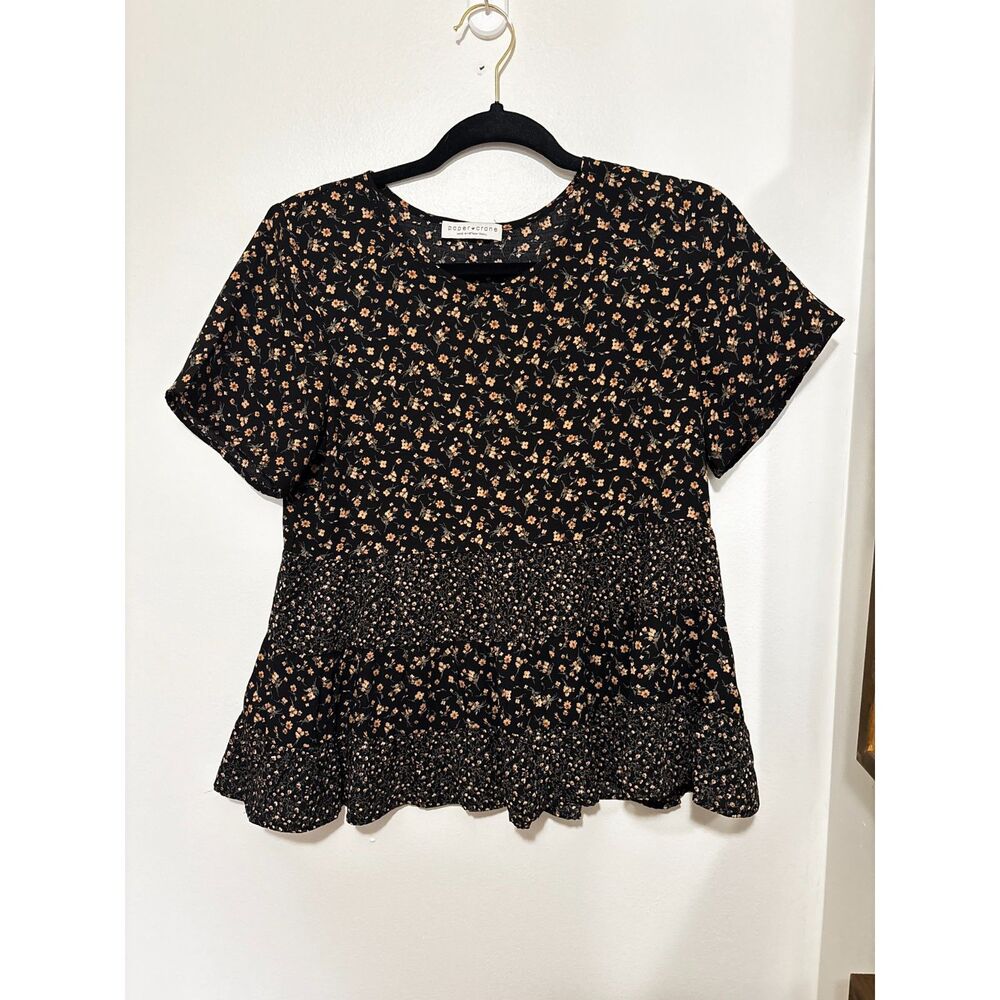Paper Crane Black Floral Peplum S Top Cottagecore Feminine Whimsigoth